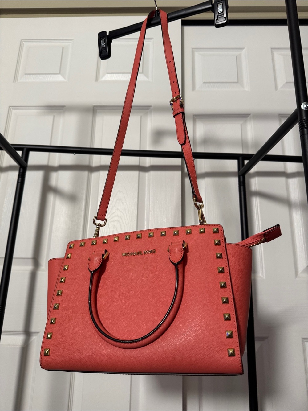MICHAEL KORS Selma Medium Coral Red Saffiano Messenger Leather Studded Crossbody